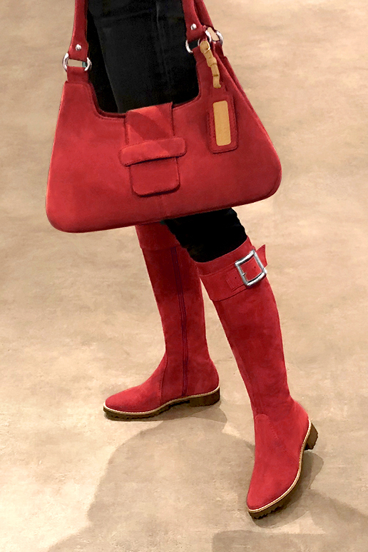 Scarlet red women's riding knee-high boots. Round toe. Flat rubber soles. Made to measure. Worn view - Florence KOOIJMAN
